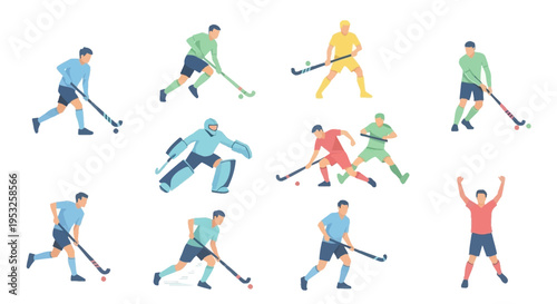 Flat Vector Illustrations Set of Field Hockey Players in Action Poses, Including Goalie, Dribbling, Hitting, and Celebrating Athletes for Sports Design Projects.