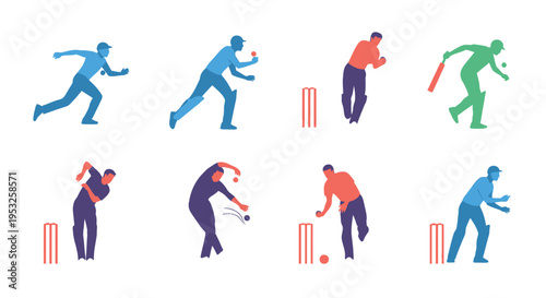 Set of professional cricket players in action poses, including bowling, batting, and fielding, presented in a minimalist flat vector style on white background.