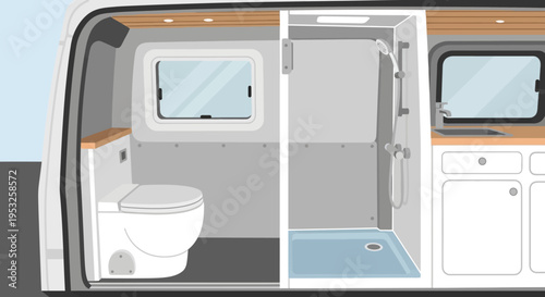 Campervan bathroom interior with toilet and shower