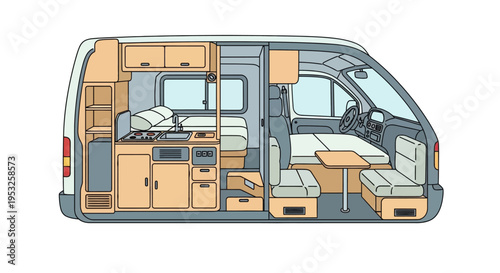 Camper van interior with kitchenette and seating area