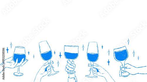 Set of wine glasses in hands vector illustration in different poses. Line drawing collection with decorative sparkles suitable for menu bar branding packaging and drink design.