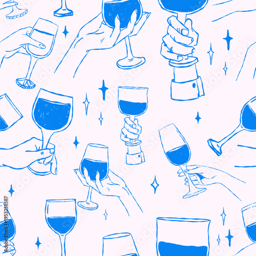Wine glasses in hands in different poses, seamless pattern. Minimal line vector illustration with decorative elements suitable for fabric wrapping paper packaging and drink design.
