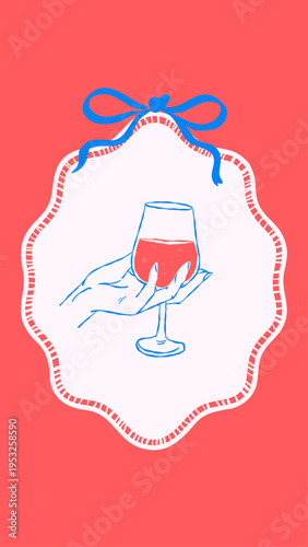 Wine glass in hand vector illustration with decorative frame and bow on color background. Line drawing suitable for label card packaging menu and drink design.
