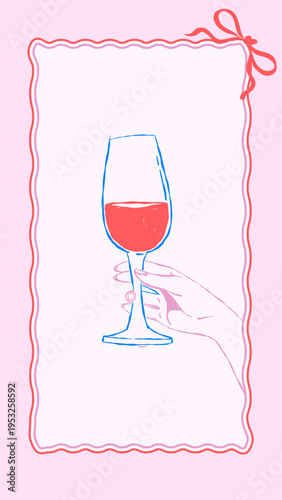 Wine glass in hand vector illustration with decorative frame and bow. Minimal line drawing on color background suitable for card invitation menu packaging and drink design.