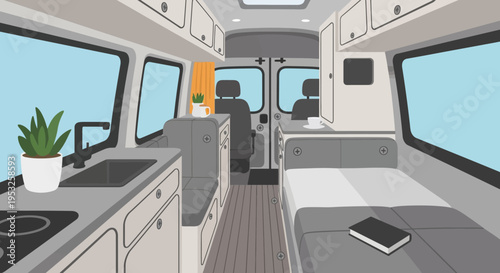 Interior of modern camper van with kitchenette and bed