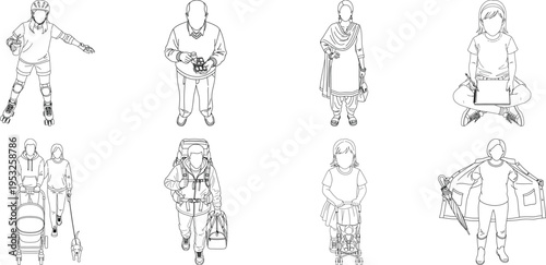 Collection of six robot illustrations isolated on transparent background