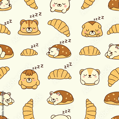 A repeating pattern of adorable cartoon animals and croissants on a soft, cream-colored background with a peaceful and playful mood.