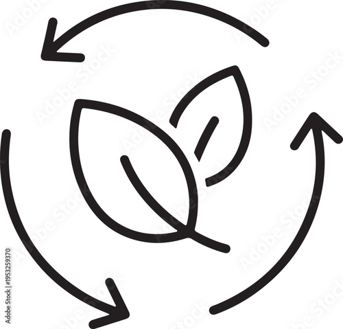 Black line of two leaves in a circular arrow line leaves recycling symbol eco friendly