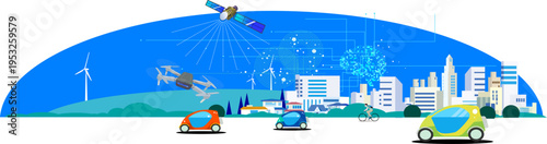 Future Smart City and Next Generation Technology Vector Illustration - AI, Drone, Autonomous Driving, Renewable Energy