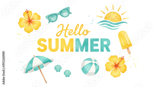 "Hello Summer" Watercolor Illustration with Beach Vacation Elements Tropical Flowers and Sunny Holiday Mood for Web Banner