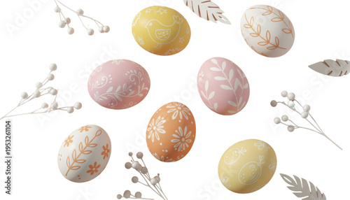 Elegant Pastel Easter Eggs with Delicate White Patterns Scattered. Spring Holiday Marketing, Festive Celebrations, Web Design.
