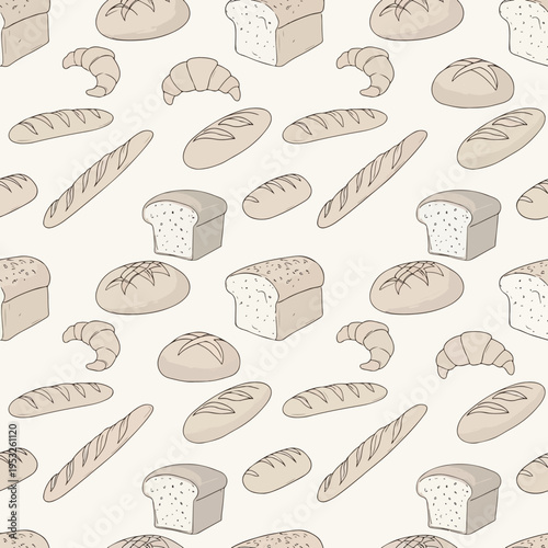 Seamless pattern of various types of bread on a white background, featuring loaves, baguettes, and croissants in a simple line drawing style with beige tones.