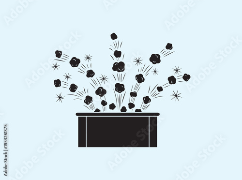 Black icon of a popcorn popper machine throwing popcorn kernels high