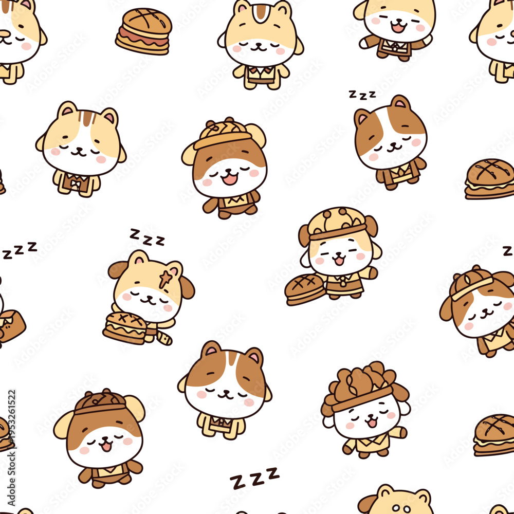 Obraz premium A repeating pattern of adorable cartoon hamsters in various costumes on a white background.