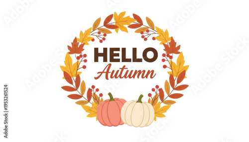 Hello Autumn Wreath with Pumpkins, Festive Fall Season Greeting for Websites, Marketing, and Social Media Content