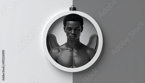 A grayscale image features a Black individual with closed eyes, wings, and a circular frame, set against a two-tone background