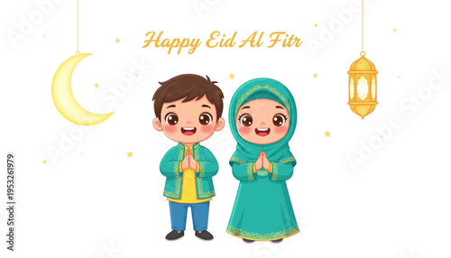 Happy Eid Al Fitr Children Praying Together Joyful Celebration Islamic Festival Greeting Card Design
