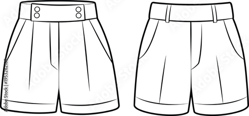 Flat vector line drawing shorts illustration, fashion garment design sketch pleated