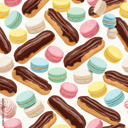 Colorful assortment of assorted sweet pastries including eclairs and macarons on a white background in a flat lay composition with a vibrant and appetizing mood.