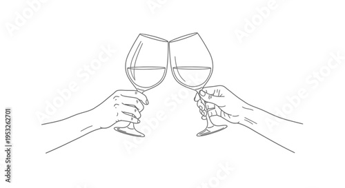 two hands clinking red wine glasses in a celebratory cheers a simple line art illustration depicting a special moment.