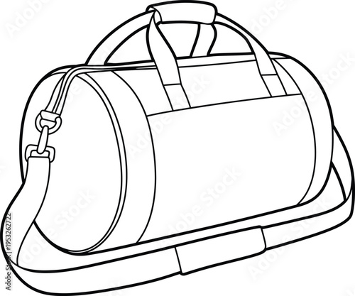 Flat vector line drawing duffel bag illustration, travel accessory design sketch