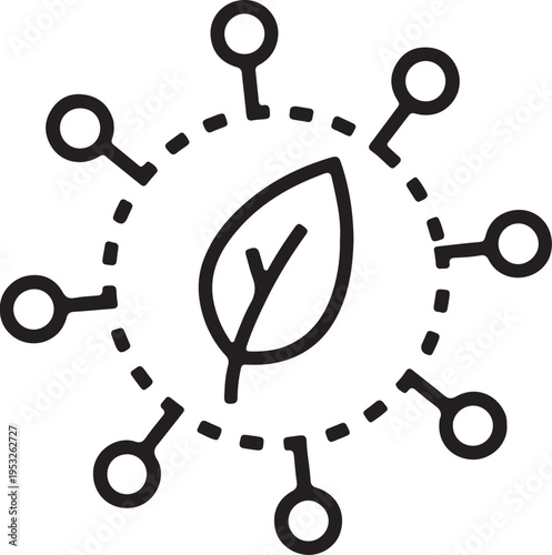 Black leaf surrounded by dotted circle and connected keys ecology