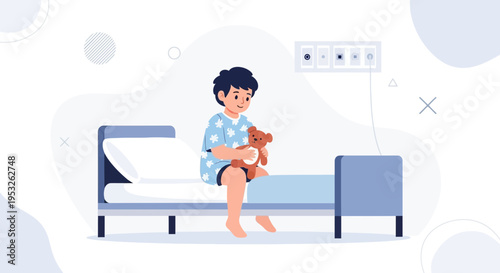 Sad boy in hospital bed with teddy bear, feeling lonely and sick