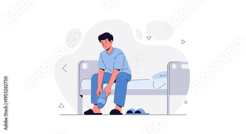 Man sitting on hospital bed putting on sock, feeling unwell