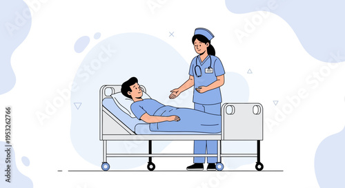 Nurse Caring for Patient in Hospital Bed, Medical Care Illustration