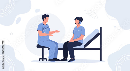 Doctor consulting patient with headset in clinic, healthcare concept