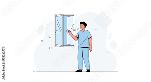 Man opening window for fresh air, ventilation, and clean atmosphere