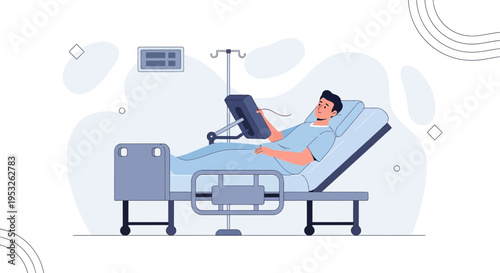 Man in Hospital Bed Using Medical Monitor and IV Drip