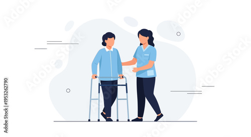 Nurse assisting elderly person with walker, rehabilitation and care concept