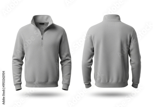 Gray quarter zip pullover mockup front and back views with stand collar and ribbed cuffs isolated on white background for sportswear and active lifestyle fashion