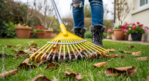 a person raking autumn leaves on a lush green lawn performing essential fall garden chores during seasonal home maintenance.