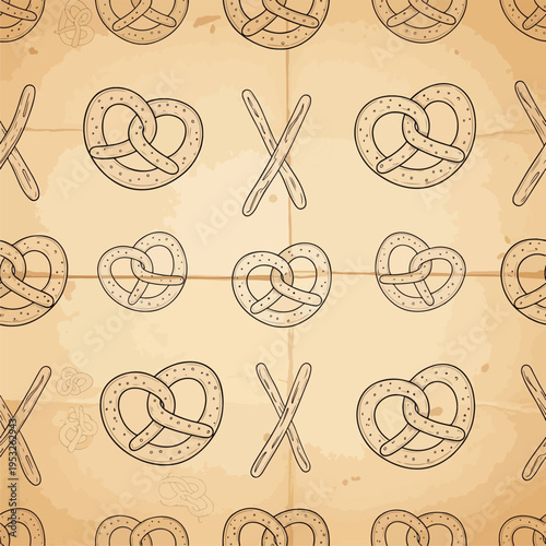 Seamless pattern of hand-drawn pretzels and crossed utensils on a vintage, beige background with a textured, grid-like design.