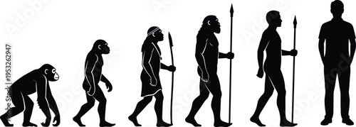 Human evolution silhouette sequence from ape to modern man, illustrating progress, anthropology, prehistoric development, and scientific concept of human origin