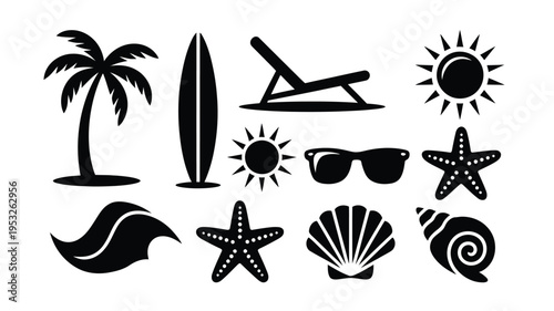 Black vector icons of beach summer symbols including palm tree surfboard sun starfish and seashell on white background for travel and holiday design