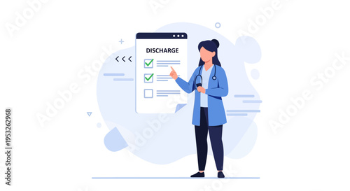Doctor checking discharge checklist for patient, medical care concept