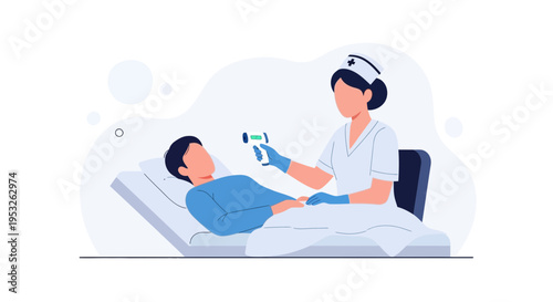 Nurse checking patient's temperature with infrared thermometer in hospital bed