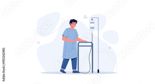 Patient with walker and IV drip, hospital recovery, medical treatment illustration