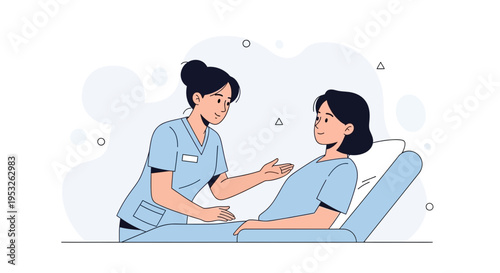Nurse caring for patient in hospital bed, medical illustration