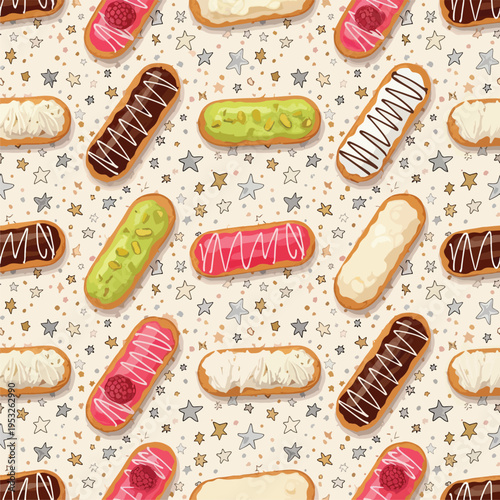 Colorful assortment of decorated eclairs on a star-patterned background, showcasing various toppings and fillings in a vibrant and appetizing display.