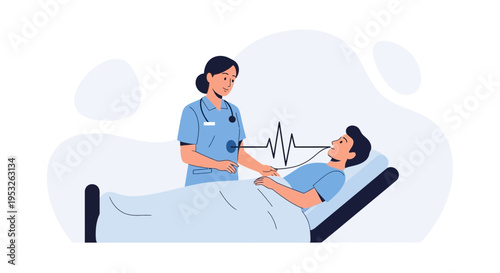 Nurse caring for patient in hospital bed with heart monitor