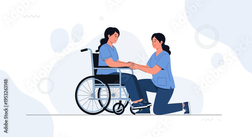 Nurse caring for patient in wheelchair, support and compassion in healthcare illustration