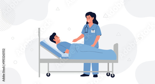 Nurse Caring for Patient in Hospital Bed, Healthcare Illustration