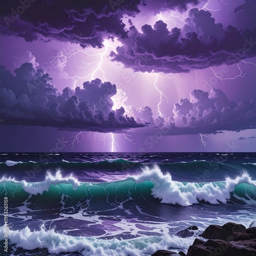 A dramatic seascape with stormy purple clouds and lightning