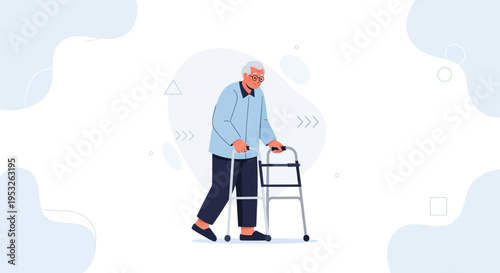 Elderly Man with Walker, Senior Health, Mobility Aid, Flat Design