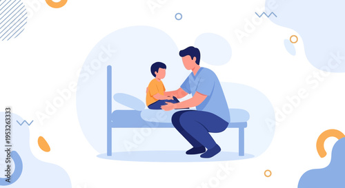 Father comforting son sitting on hospital bed, healthcare concept