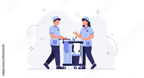 Professional cleaning staff with cart, teamwork, hygiene, housekeeping service